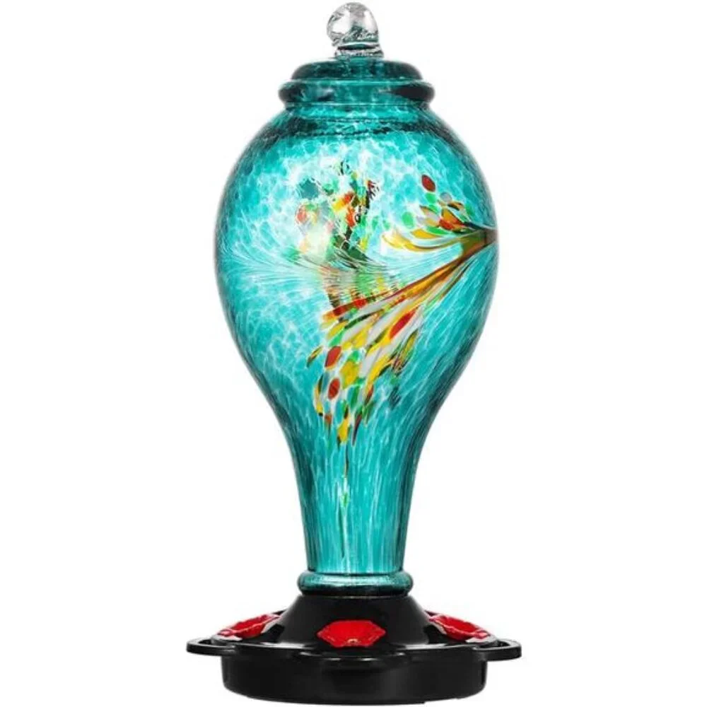 Hummingbird Feeder, Hand Blown Glass Hummingbird Feeder, Never Fade, 36 Ounces